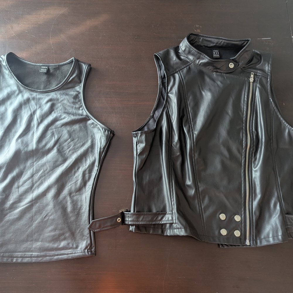 Black Faux Leather Vest and Tank Top Set